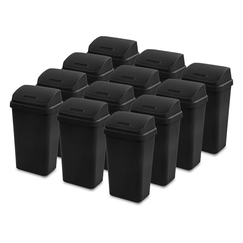 Sterilite Swing Top Wastebasket, Trash Can, 13 Gallon, Black, 12-Pack