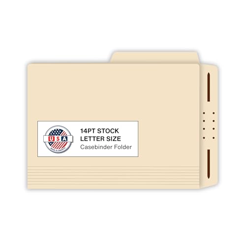 Manila Casebinder File Folders, Doctor Stuff, Top Tab, Letter Size with Fully Reinforced Back, 2” Embedded Fastener on Endwing, and 1/2 Cut Assorted Top Tabs, 14 pt Stock, Box of 50