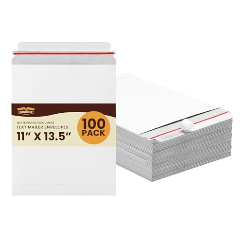 The Boxery White Flat Photo/Document Mailer Envelopes with Peel & Seal Closure-(100 Pack) 11 inch x 13.5 inch Stay Flat Cardboard Ridgid Mailers
