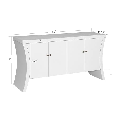 Refined Industrial 4-Door Credenza with Wooden Arc Legs and Bronze Clasps, Advanced Storage Design Sideboard, Modern Buffet Cabinet for Kitchen, Living Room, Hallway (White-we11)