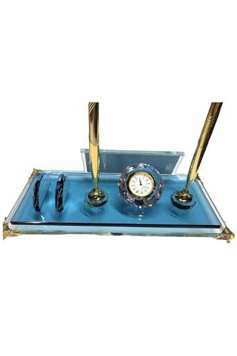 MOOGCO Custom Desk Name Plate: Black Glass Desk Name Plate with Clock, Pen Holder with 2 Pens, Cardholder - Desktop Nameplate, Desk Organizer (Blue Double With Clock)