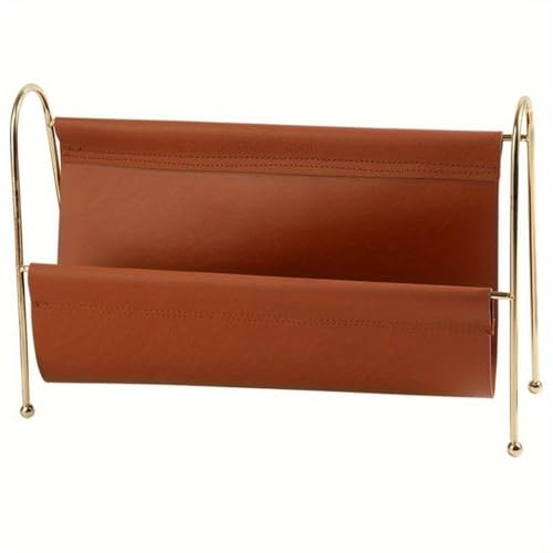 File Rack Metal Magazine Rack - Faux Leather Desk Organizer with Gold Frame, Compact Storage Letter Trays