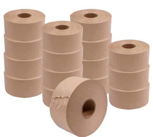 Mytee Products 16 Rolls 2.75"x450' Water Activated Tape - Reinforced Gummed Tape for Package - Strong Adhesive & Holding Power Kraft Paper Tape - Brown Packing Tape for Sealing Box (7200 feet Total)
