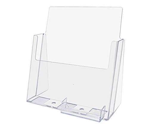 Marketing Holders 8 1/2”W Magazine Holder With Business Card Pocket Attached Value Pack Of 20 Acrylic Rack Cards Newsletter Pamphlets Clear Countertop Document Catalog