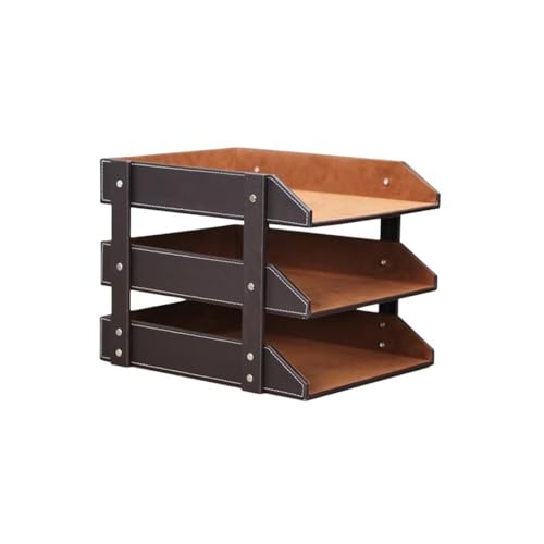 File Rack Leather Desk File Organizer, 3-Layer Stackable Tray, Used to Store documents folders Stationery Letter Trays(Brown)
