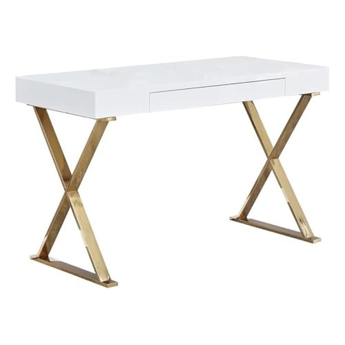 BOWERY HILL Modern Computer Desk, 47" L x 22" W x 30" H, Poplar Wood/Engineered Wood, High Gloss White Lacquer Finish with Gold Stainless Steel Frame, Middle Drawer, Sleek Writing Desk for Office or