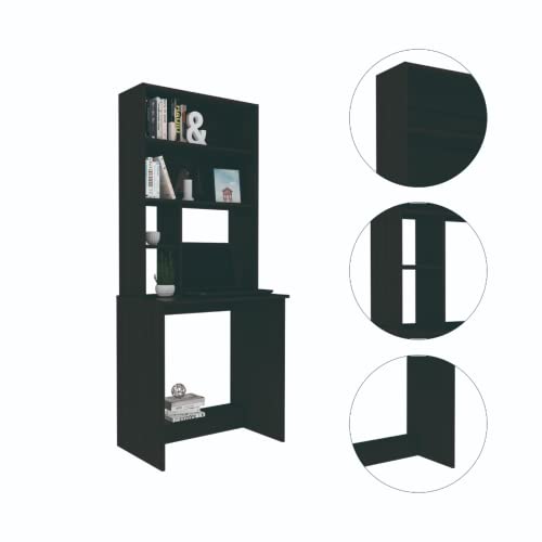 30" Xalo Computer Hutch Desk, Lower Shelf, 4 Shelves, Black – Computer Desk with Integrated Storage for Home Office, Study Room & Compact Workspaces