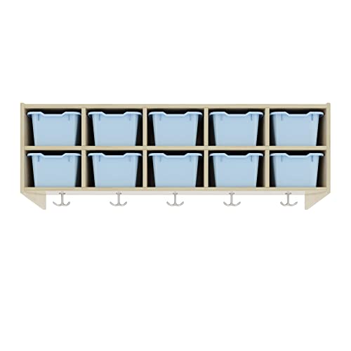 ECR4Kids Streamline 10-Section Hanging Coat Locker with Scoop Front Storage Bins, Natural, Cubby Storage, Powder Blue