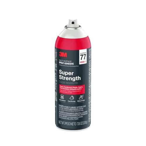 3M Super 77 Multipurpose Spray Adhesive, 7.35 oz Cans, Pack of 12 – Bulk High-Strength Spray Glue for Foam, Fabric, Plastic, Paper, Cardboard, Metal & More