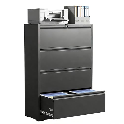 EKJ 4 Drawer Lateral File Cabinet with Lock, Heavy Duty Wide Steel Filing Cabinet for Home Office, 36" W Horizontal Storage Cabinet for Letter/Legal/A4/F4 Hanging Files, Easy Assembly (Black)