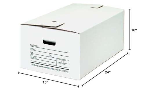Aviditi File Storage Boxes 24" x 15" x 10" With Interlocking Flap Lid, Preprinted Panel For Content Identification, Tape Free Assembly and Easy To Carry Handles, For Legal Size Files, Pack of 12