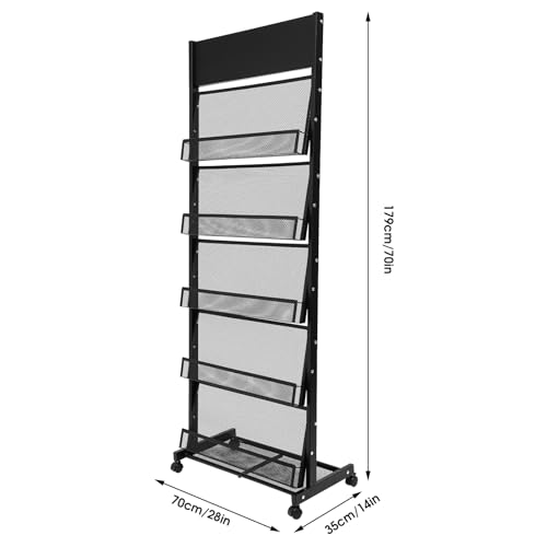 5 Tiers Freestanding Magazine Rack Iron Brochure Display Stand on Wheels