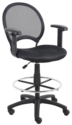 Pemberly Row Mesh Fabric Drafting Chair, Adjustable Arms, Black Finish, 45.5 in H x 27.5 in W x 27 in D, Breathable Mesh Seat, Chrome Foot Ring, Hooded Casters, Office or Studio Use