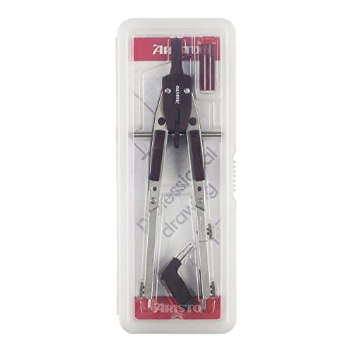 Aristo Professional Compass (Circles up to 400 mm Diameter, Universal Adaptor, Leads, Needle, Brass Shaft) Silver/Wine Red