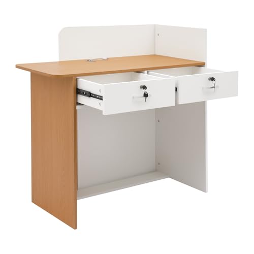 Reception Desk with LED Light,Modern Front Desk Reception Room Table,39.37 inch Small Retail Counter with Lockable Drawer for Lobby, Salon,Retail Stores (Warm White+Wood Color, 39.37*17.72*39.37in)