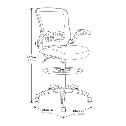 Pemberly Row Mesh Back Drafting Chair, Adjustable Foot Ring, Padded Flip Arms, Built-In Lumbar Support, Black Fabric Seat, Silver Frame, 24.75"W x 22.75"D x 49.75"H, Office or Workspace Comfort Chair