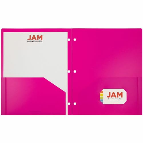 JAM PAPER Heavy Duty Plastic 3 Hole Punch Pocket Folders - Extra Tough School Folders - Fuchsia Hot Pink - Bulk 48/Pack