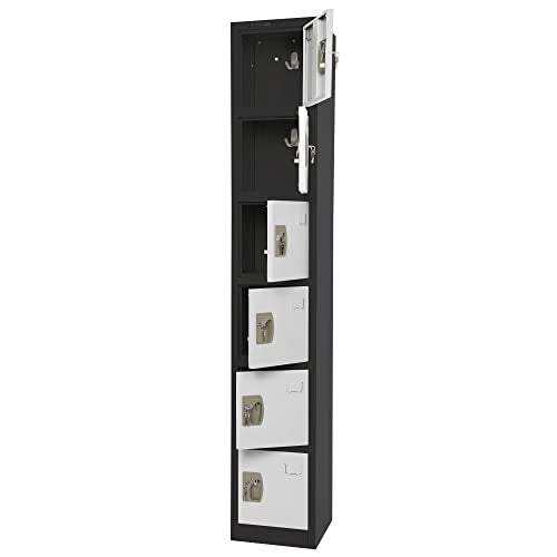AdirOffice Large School Locker with 6 Doors 6 Hooks Storage Locker - Metal Storage Locker Cabinet Ideal for School, Garage, Office Lockers - (6 Door, Black Body/White Door)
