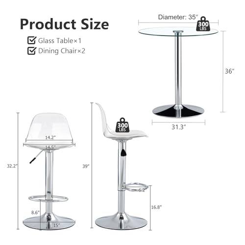 3-Piece Dining Table Set,Kitchen Glass Round Small Table with Modern PU Leather Chairs for Small Spaces（Silver Table + Silver Swivel Chairs）