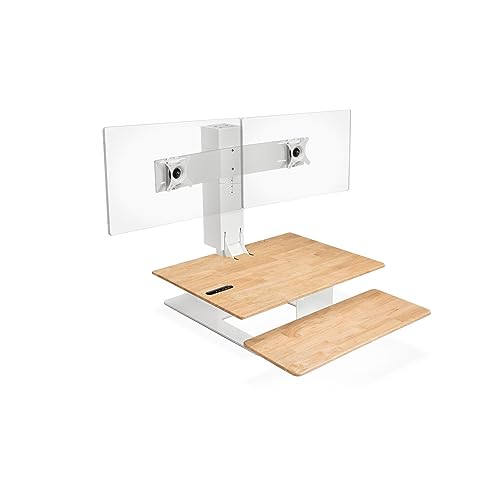 UPLIFT DESK - E7 Electric Standing Desk Converter, White Base, Natural Rubberwood Worksurface (Dual Monitor)