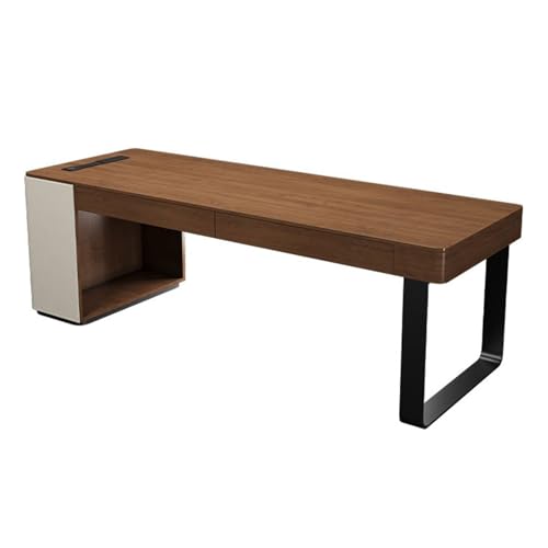 YUHUAWF Writing Desk Modern Minimalist Solid Wood Desk with Charging Outlets, Walnut Color Home Office Writing Workstation with 2 Drawers Computer Desks(XL)