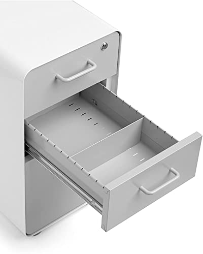 Poppin Slim Stow 3-Drawer File Cabinet - White + Light Gray. 2 Utility Drawers and 1 Vertical Hanging File Drawer. Fully Painted Inside and Out. Powder-Coated Steel. Two Keys Included