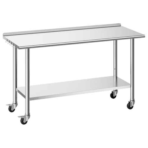 VEVOR Stainless Steel Work Table, 24x60 inch Food Prep Table with Wheels and Backsplash, Commercial Kitchen Workstation with Adjustable Undershelf, Metal Utility Worktable, for Restaurant Home Outdoor