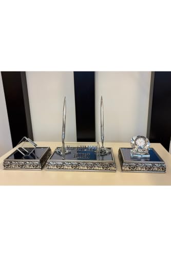 SODEF Quality Crystal Framed Desk Nameplate Set Silver Tone with Pens Clock Business Card Holder Refined Office Decor Professional Gift for Lawyers - Silver