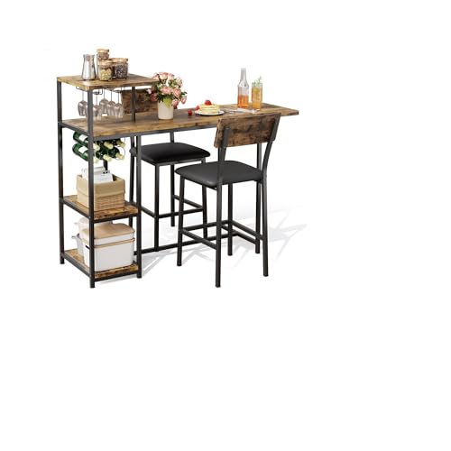 MOVECOM 3-Piece Bar Table & Chairs Set for 2 with Storage Shelves, Wine Rack, Cup Holder, PU Leather Stools, Small Dining Table for Kitchen, Breakfast Nook or Apartment, Classic Color