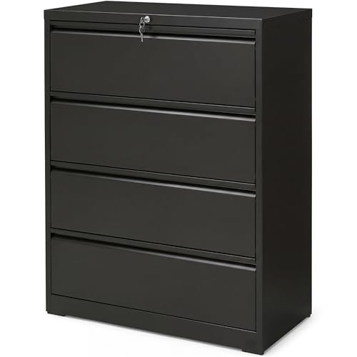 SIMPLI-MAGIC 4 Drawer Lateral Metal File Cabinet with Lock, Black