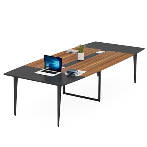 Tribesigns 8FT Conference Table, 94.48L x 47.24W x 29.52H Inches Boat Shaped Meeting Table with Rectangle Grommet, Modern Seminar Boardroom Table for Office Conference Room (8ft, Walnut & Black)