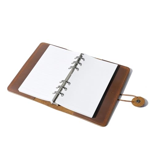 Genuine Leather A6 Refillable Binder Notebook, Vintage Crazy Horse Leather Journal with 6-Ring Binder & String Closure, Portable Travel Diary Planner for Men & Women