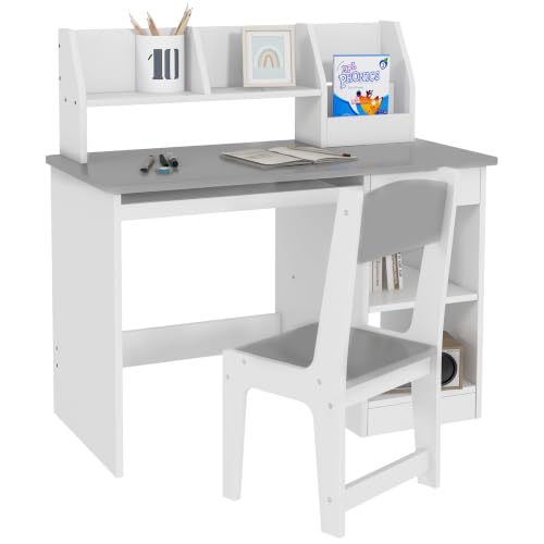 Qaba Kids Desk and Chair Set with Storage for Children 5-8 Years Old Gray