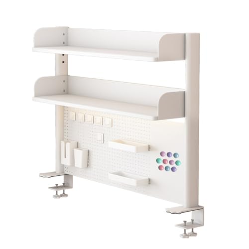 WSNCXFW White Clamp on Desk Organizer Shelf with Pegboard, Desktop Bookshelf Storage Shelves Multipurpose Countertop Hutch Bookshelf, for Home Office Dorm Gaming Desk,60cm/23.6in