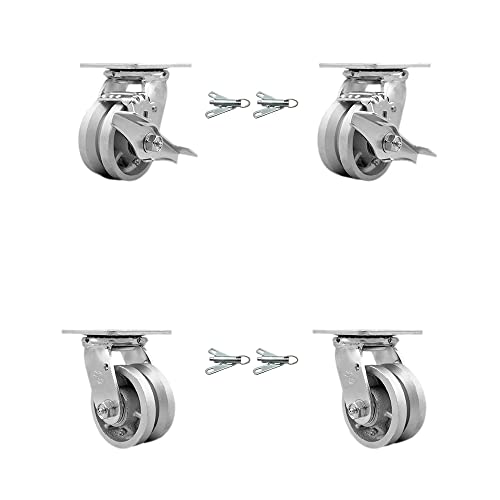 Heavy Duty Swivel Caster Set with 4 Inch V Groove Semi Steel Wheels and Ball Bearings-Includes 2 Swivel with Brakes and Bolt on Swivel Locks and 2 Swivel with Bolt on Swivel Locks-Service Caster Brand