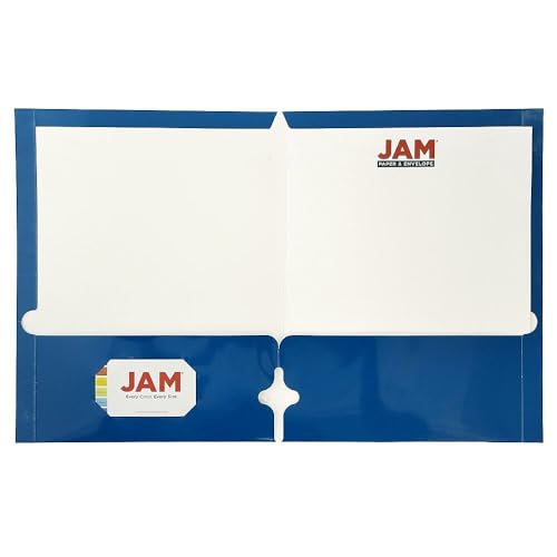 JAM PAPER Laminated Two Pocket Glossy 3 Hole Punch School Folders - Letter Size - High Gloss Blue - Bulk 100/Box