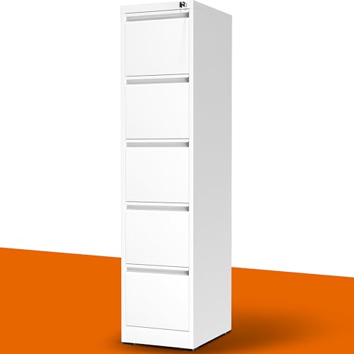 5 Drawer File Cabinet with Lock, Metal Vertical File Cabinets for Home Office, Office Furniture for Organization Hanging Legal/Letter/A4, Office File Cabinet Storage Cabinet, Require Assembly, White