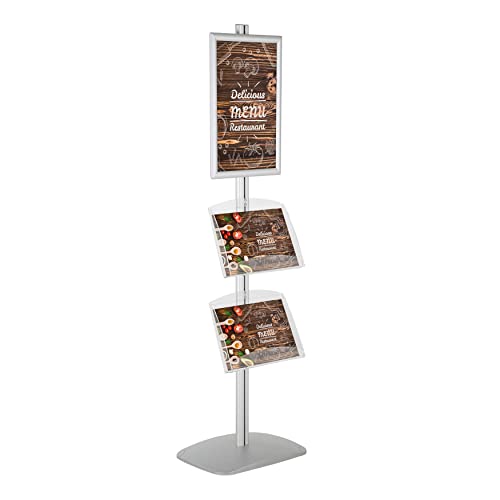 M&T Displays Free Standing Aluminum Display Stand Single Sided Document Brochure Sign Holder Front Loading Portrait Landscape Silver Snap Frame 1x(11x17) and 2 pcs Clear Acrylic Shelf 2x(8.5x11) Inch