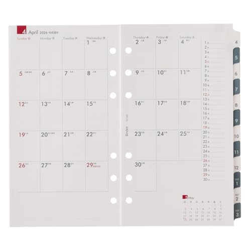Noritsu Bindex Notebook Refill, Starting from April 2026, Bible Monthly Calendar, Index, Starts on Sunday BD080