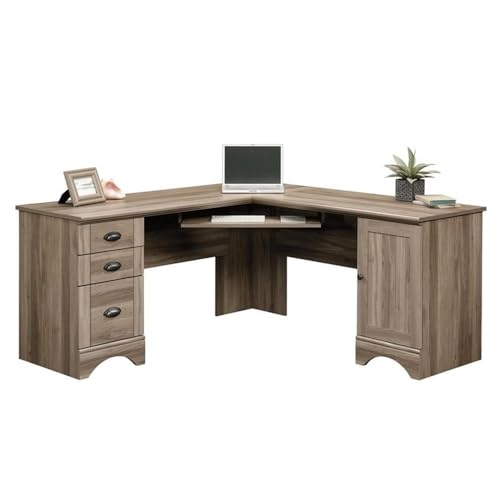 Scranton & Co L-Shaped Computer Desk, Engineered Wood, Salt Oak Finish, 30.2" H x 65.2" W x 65.2" D, Slide-Out Keyboard Shelf, Storage Drawers, Adjustable Shelf, Corner Home Office Workspace Desk