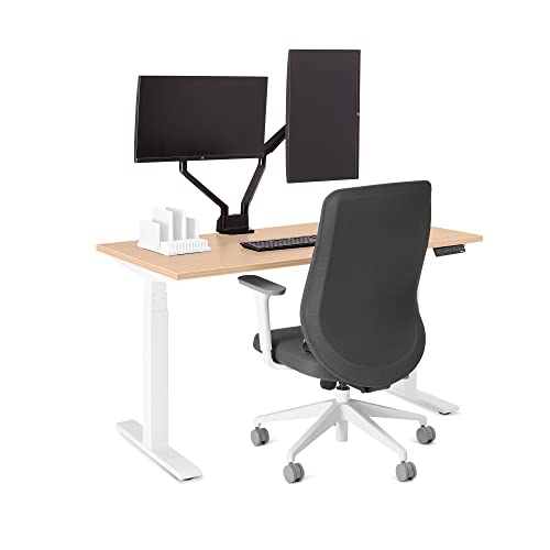 Poppin Series L Adjustable Height Single Desk, Natural Oak, 47", Modern Sit and Stand Solution with White Electric Legs Adjusting Height 25" to 50,5", LED Display with Four Memory Buttons