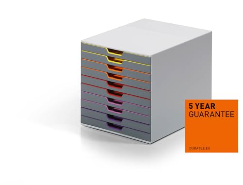Durable Varicolor 10 Drawer Unit - Gray Desktop Drawer Set with 10 Color Coded Draws - Letter to Folio Size Files - Perfect for Storing Documents and Paper Work