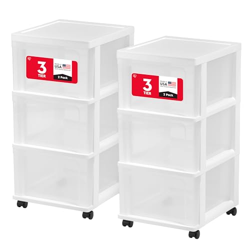 IRIS USA 3-Drawer Slim Narrow Storage Organizer Rolling Cart, White/Clear