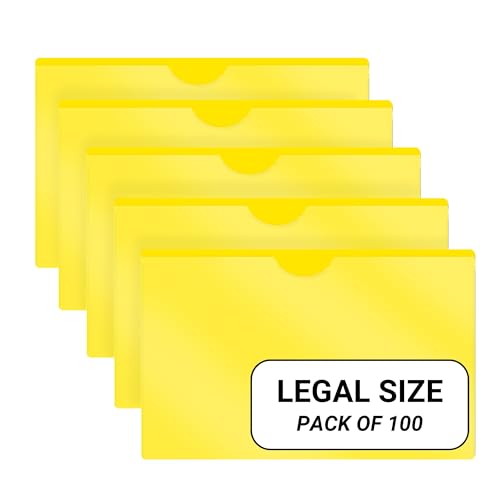 Doctor Stuff- 100 Pack, Vinyl Plastic Pocket File Folders Closed Sides, Legal Size, Clear Front Top Loading Job Jacket, Documents Holder for Office, High School and Medical Files, Yellow
