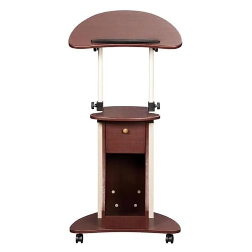 Pemberly Row Sit-to-Stand Rolling Laptop Cart, MDF Wood and Steel, Chocolate Finish, Adjustable Height 31.5-45.5 in, Tilting Desktop with Storage, Locking Casters, Mobile Workstation for