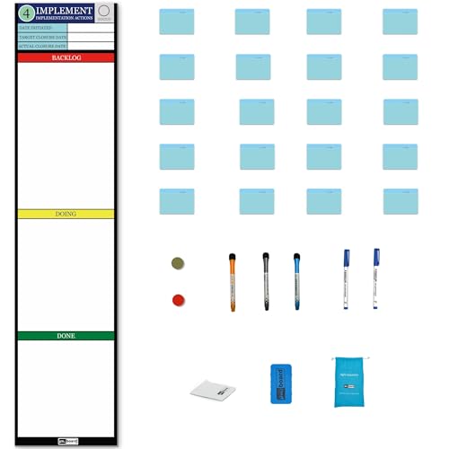Kaizen Implement Board Set – Magnetic Task & Action Tracking System with 20 Reusable Cards, Markers & Cleaning Kit | Lean, Six Sigma & Continuous Improvement Execution Board