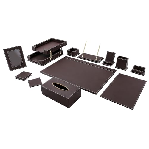 RitPin Leather Desk Set, 13-Piece All-in-One – Executive Desk Accessories & Office Supplies,Desk Organizer with Desk Pad & Blotter, 2-Tier Letter Tray, Luxury Office Desk Decor & Boss Gifts (Brown)