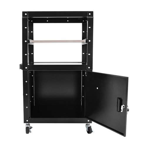 AV Cart, Adjustable Multimedia Trolley Rolling Presentation Stand Projector Shelf with Locking Cabinet Pullout Tray and Power Strip for Classroom Office Conference Room