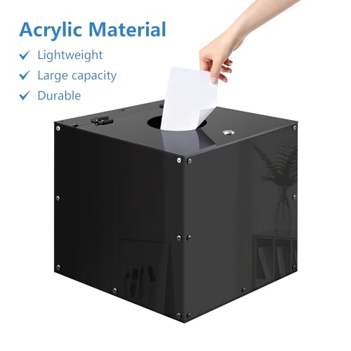 QIPRAONO Large Acrylic Raffle Ticket Box with Slot, Lockable Versatile Suggestion/Donation/Offering Collection Boxes with Stand for Drawings, Voting, Ballots, Charity, Feedback, Event, Black