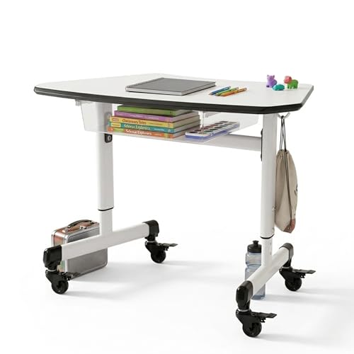 Luxor MBS-Desk Trapezoid Student Desk with Drawer, Height-Adjustable, Include Dual Backpack Hooks and a Removable MBS Bin